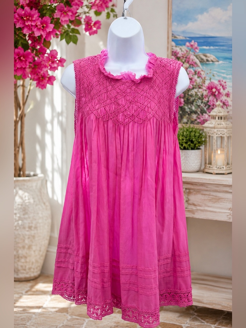 Free People Shea Solid Mini Dress Smocked  Sleeveless Sugar Magnolia Pink Sz M